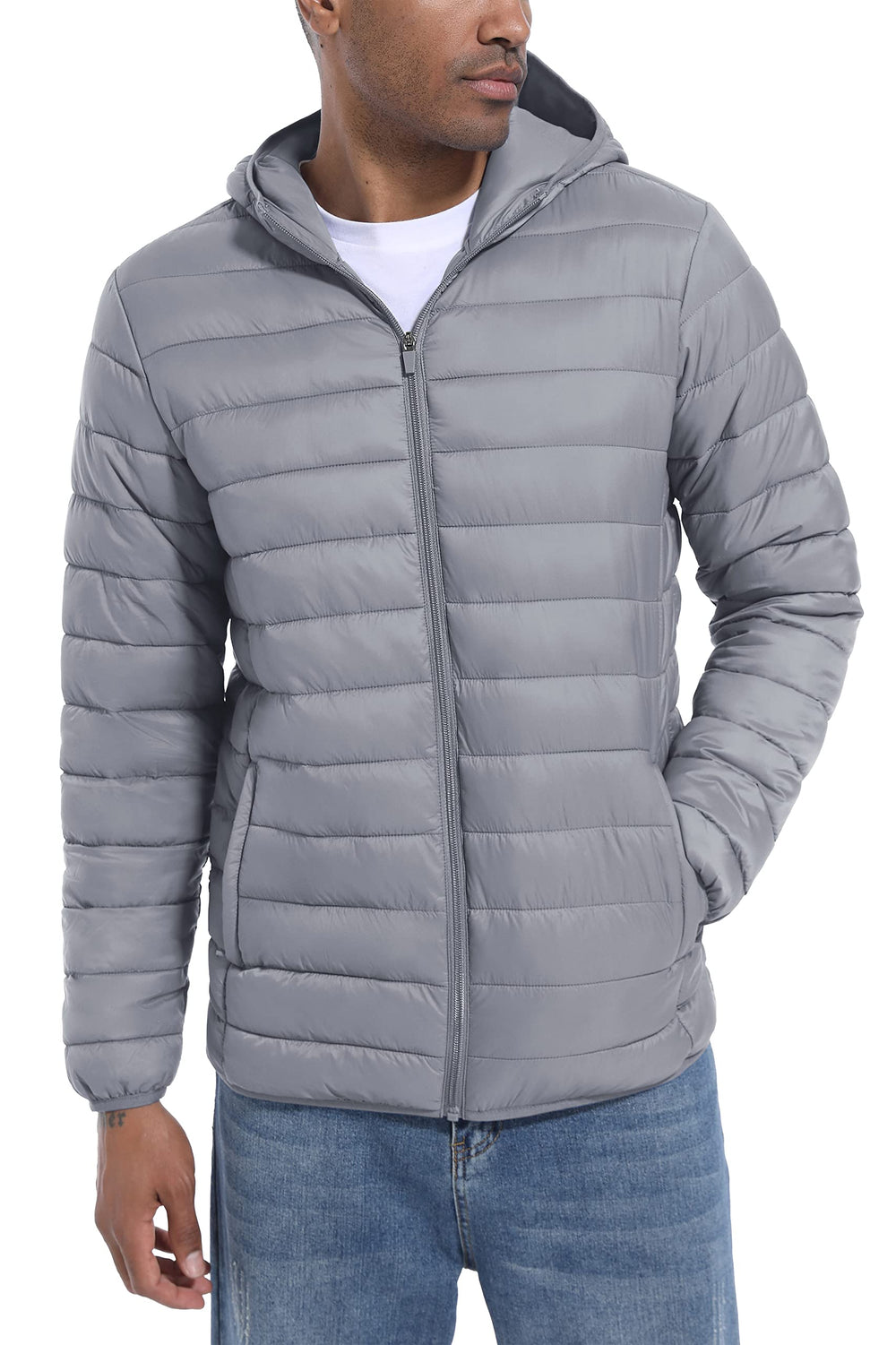 TACVASEN men's puffer coat light gray XL demonstrates casual warmth for everyday use.
