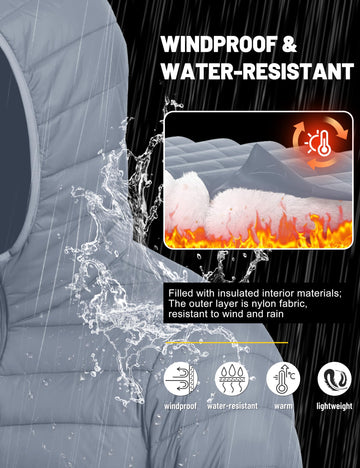TACVASEN men's puffer coat packable design shown fitting easily into a backpack.