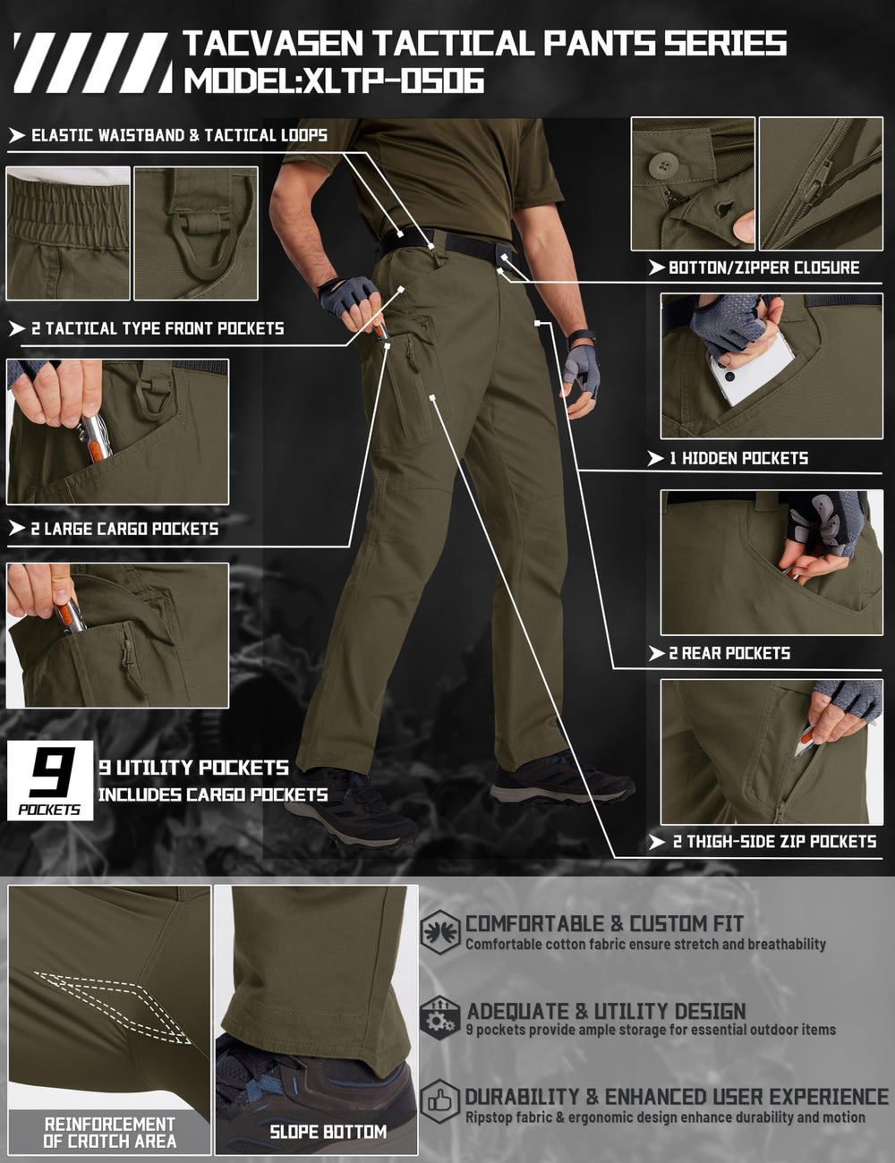 TACVASEN Men's Tactical Pants elastic waistband provides secure comfort on long days.