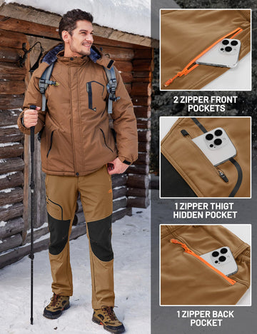 TACVASEN Snow Pants model in snowy terrain showcases winter-ready versatility.