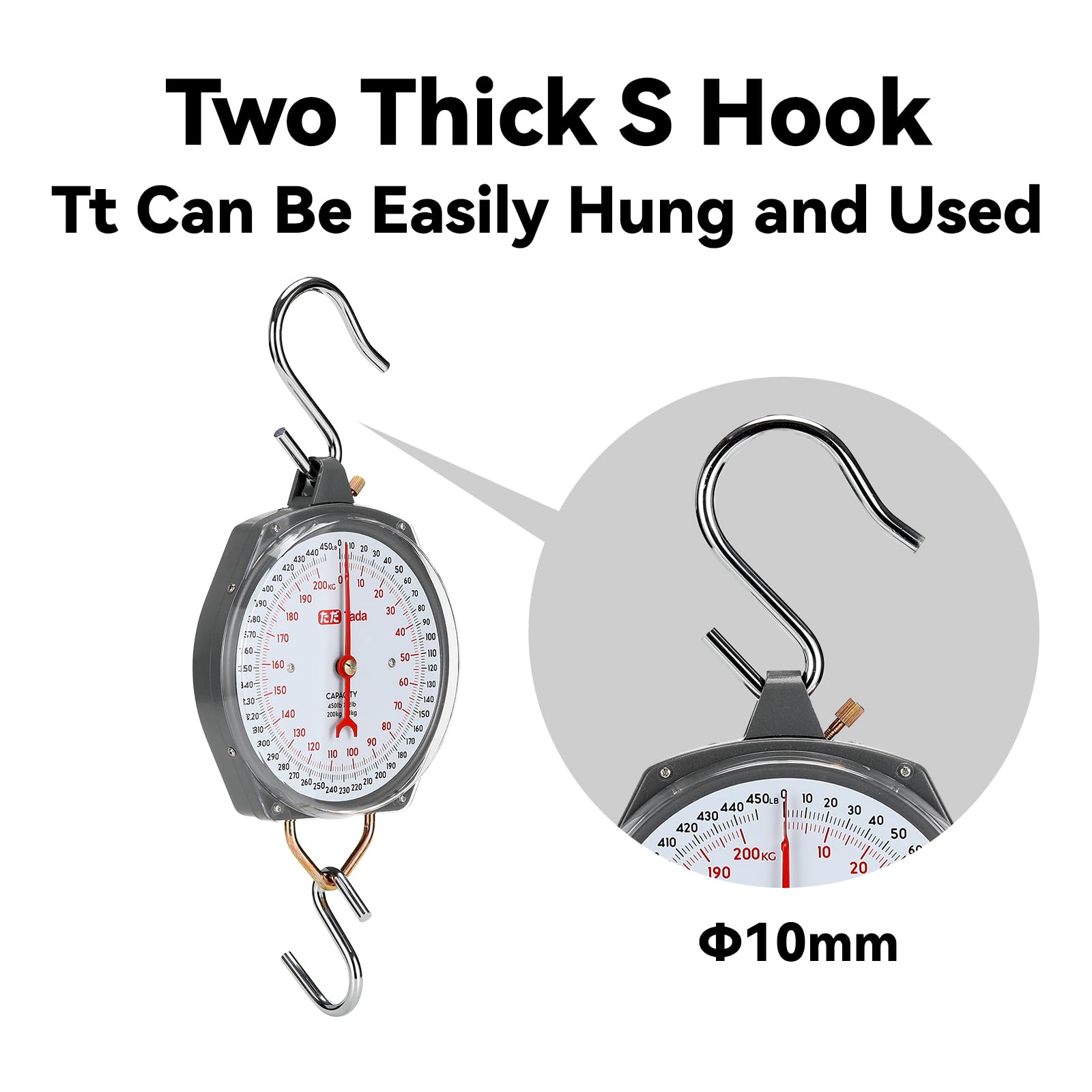 Dual hooks on the Tada scale for hanging and weighing items