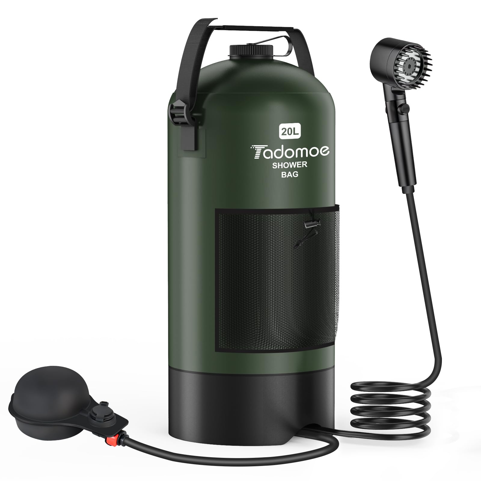 Tadomoe portable shower kit assembled for on-the-go outdoor cleaning.