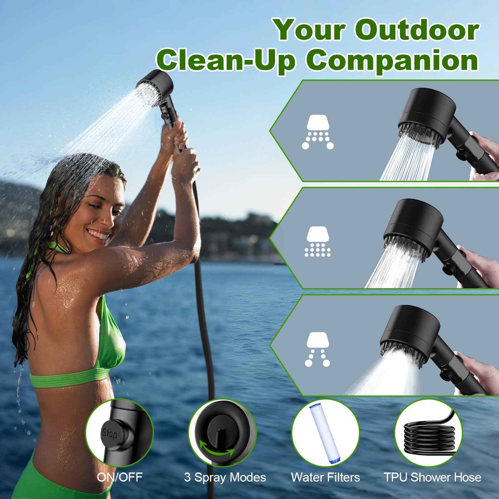 Tadomoe shower head with 3 spray modes for versatile outdoor cleansing.