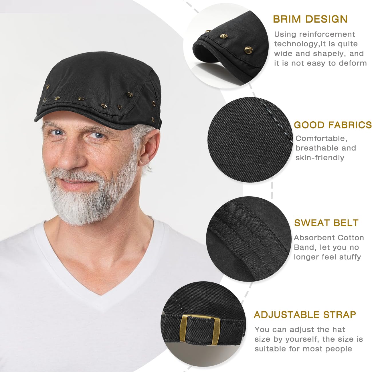 Taidor Rivet Newsboy Cap in black - left side