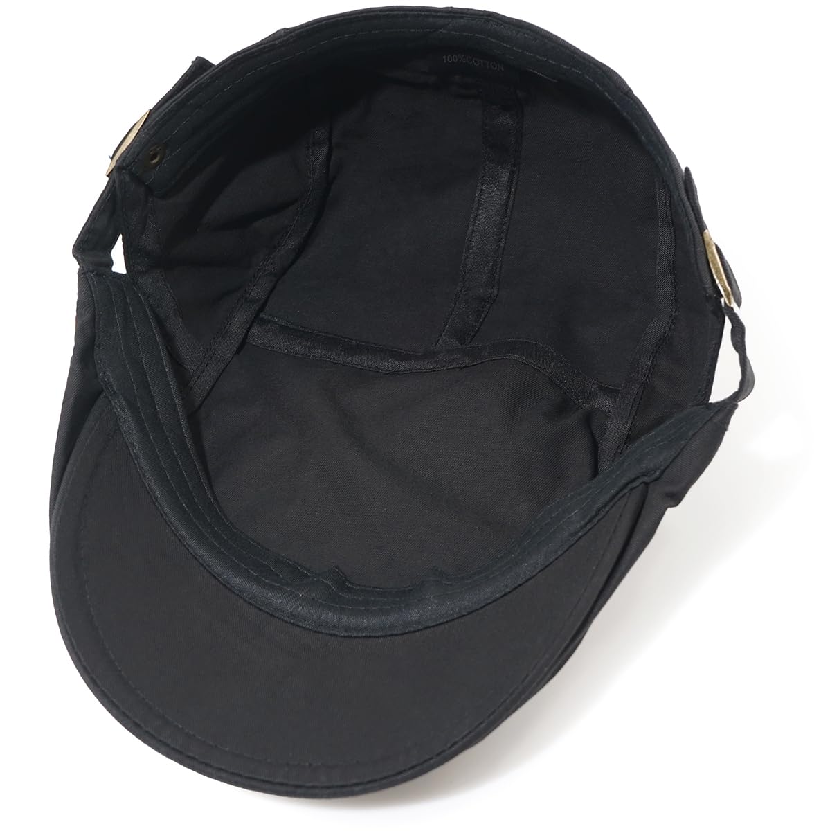 Back view of black Taidor Rivet Newsboy Cap showing adjustable belt