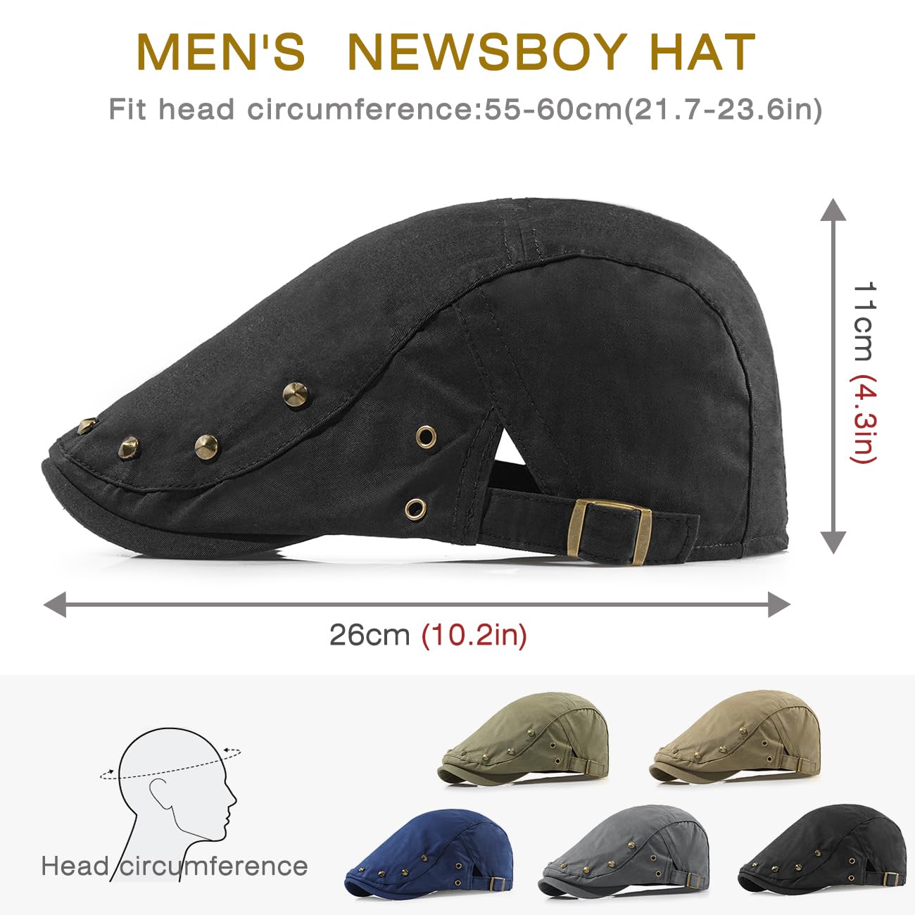 Model wearing Taidor Rivet Newsboy Cap in black