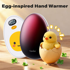 Taiofan LED-display hand warmer close-up showing heat level and battery status