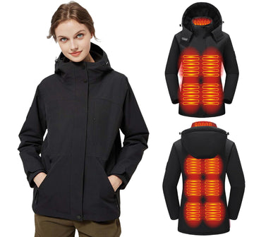 TAMEYA women's heated jacket front view showing 11 heating zones for all-day warmth