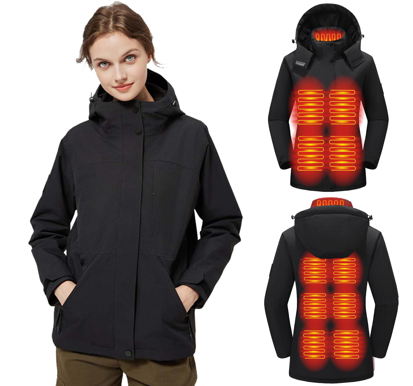 TAMEYA women heated jacket with detachable hood for versatile cold-weather protection during commutes
