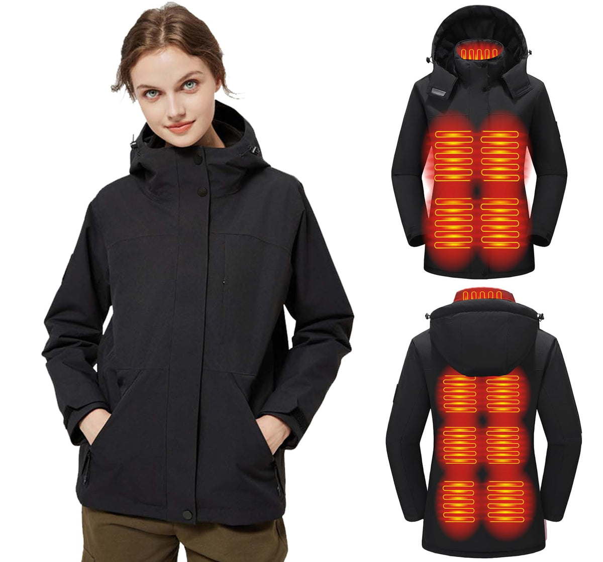 TAMEYA women heated jacket with detachable hood for versatile cold-weather protection during commutes