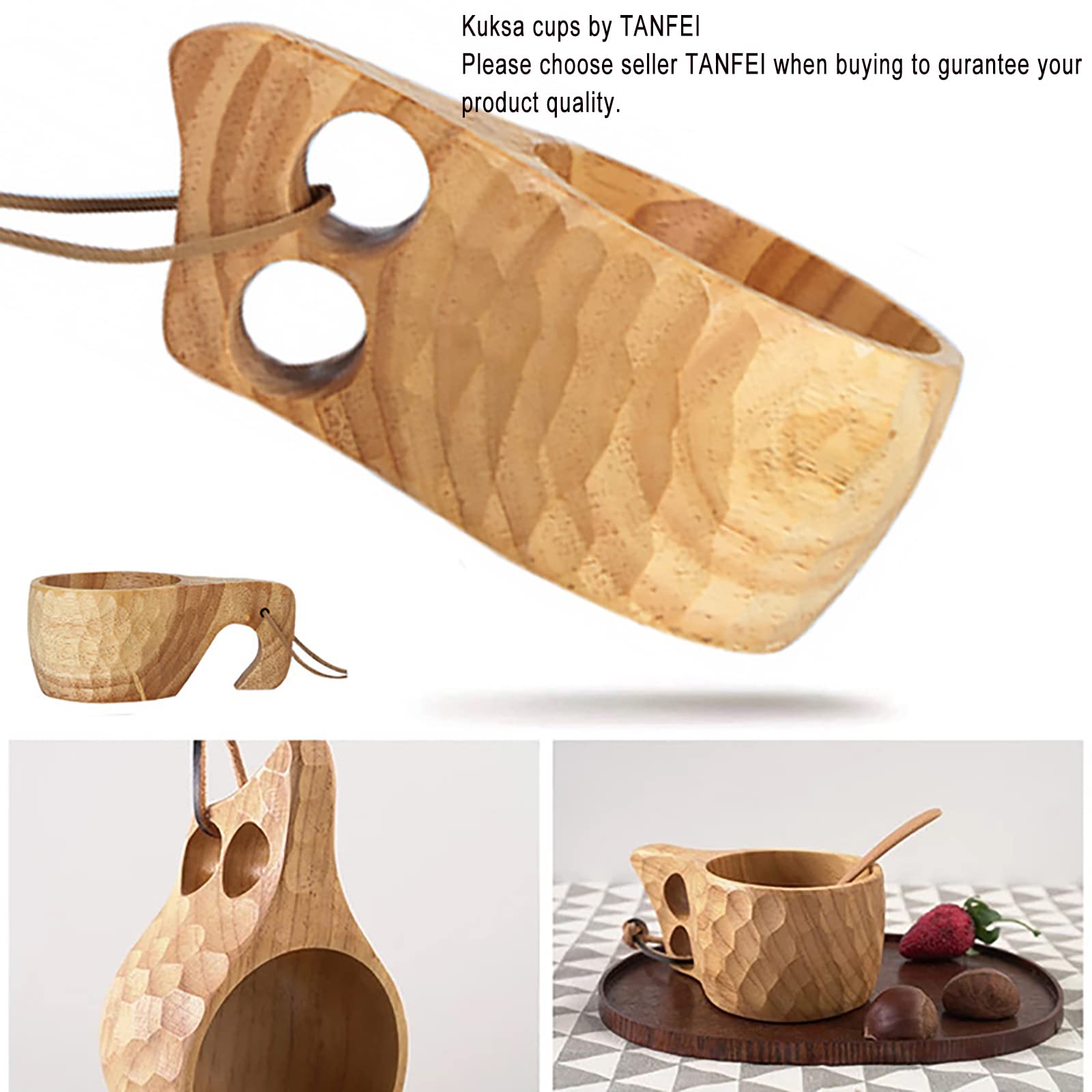 TANFEI handmade wooden kuksa cup highlighting craftsmanship and natural finish.