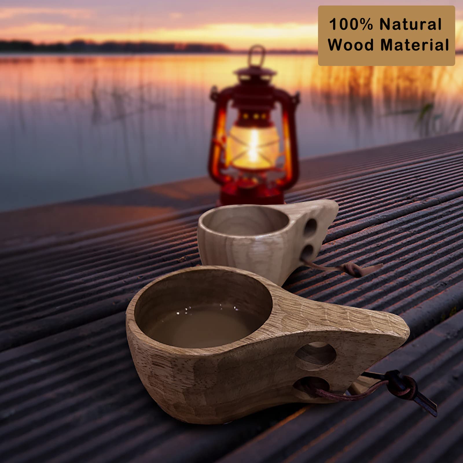 TANFEI wooden cup with leather cord for easy hanging on pack or kitchen.