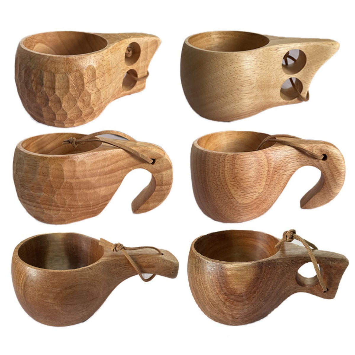 TANFEI wooden kuksa set 6-pack with varied designs for camping and home use.
