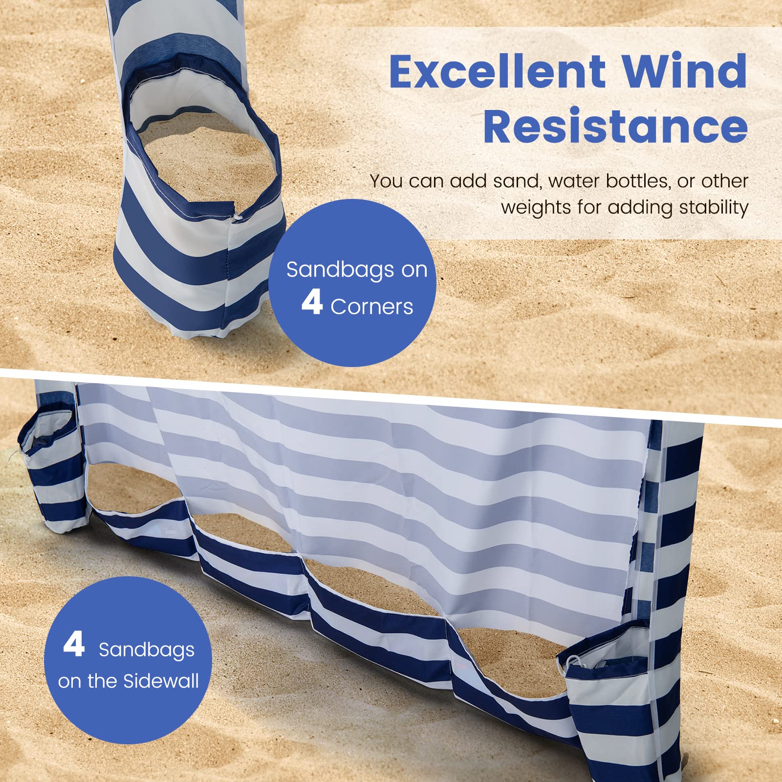 Tangkula Beach Cabana with 8 sandbags enhances wind stability on the beach.