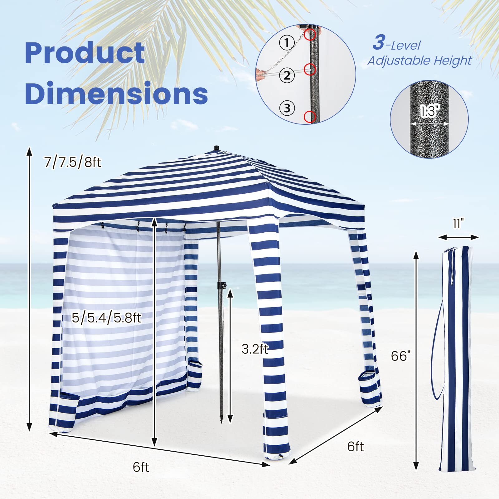 Tangkula Beach Cabana adjustable height offers 7 to 8 ft options.