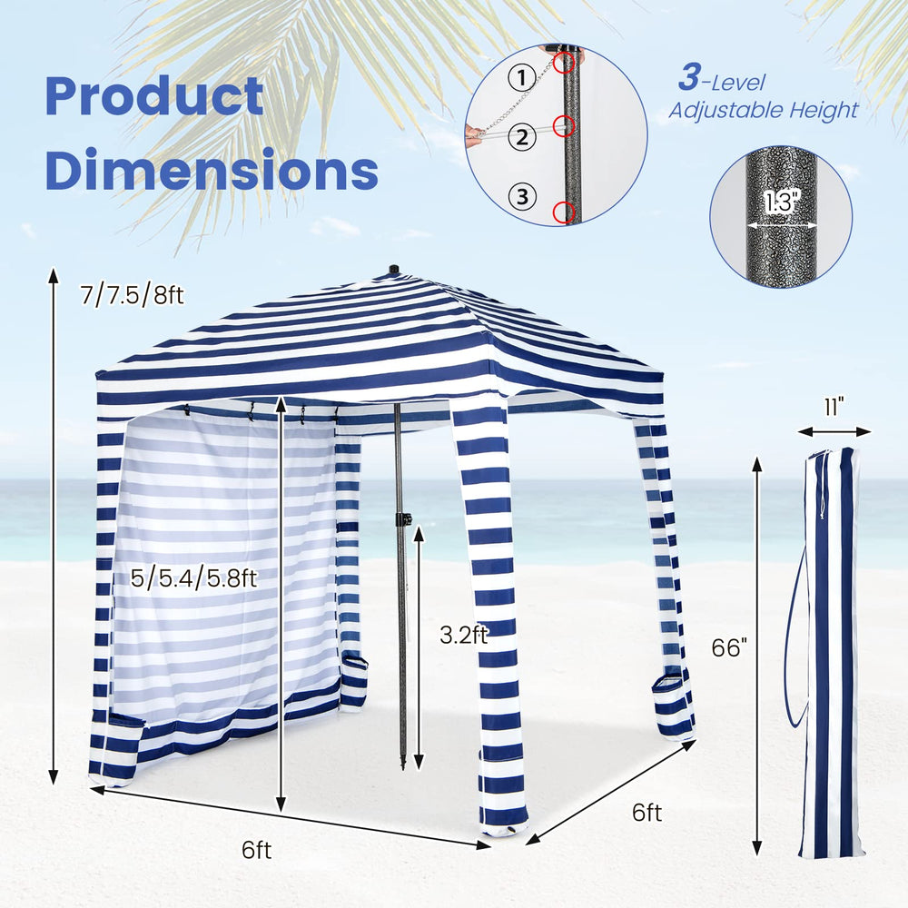 Tangkula Beach Cabana adjustable height offers 7 to 8 ft options.