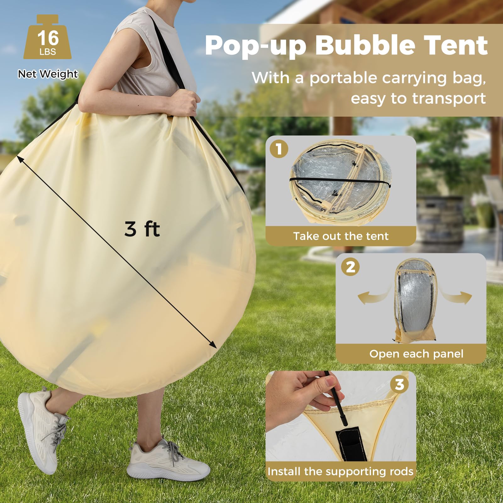 Tangkula bubble tent carrying bag enables easy transport.
