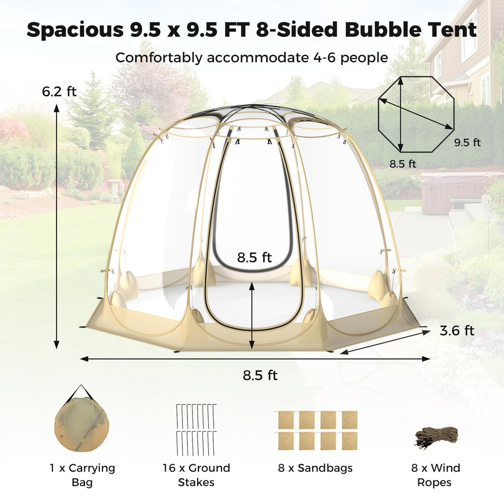 Tangkula bubble tent ground stakes keep the tent secure in wind.