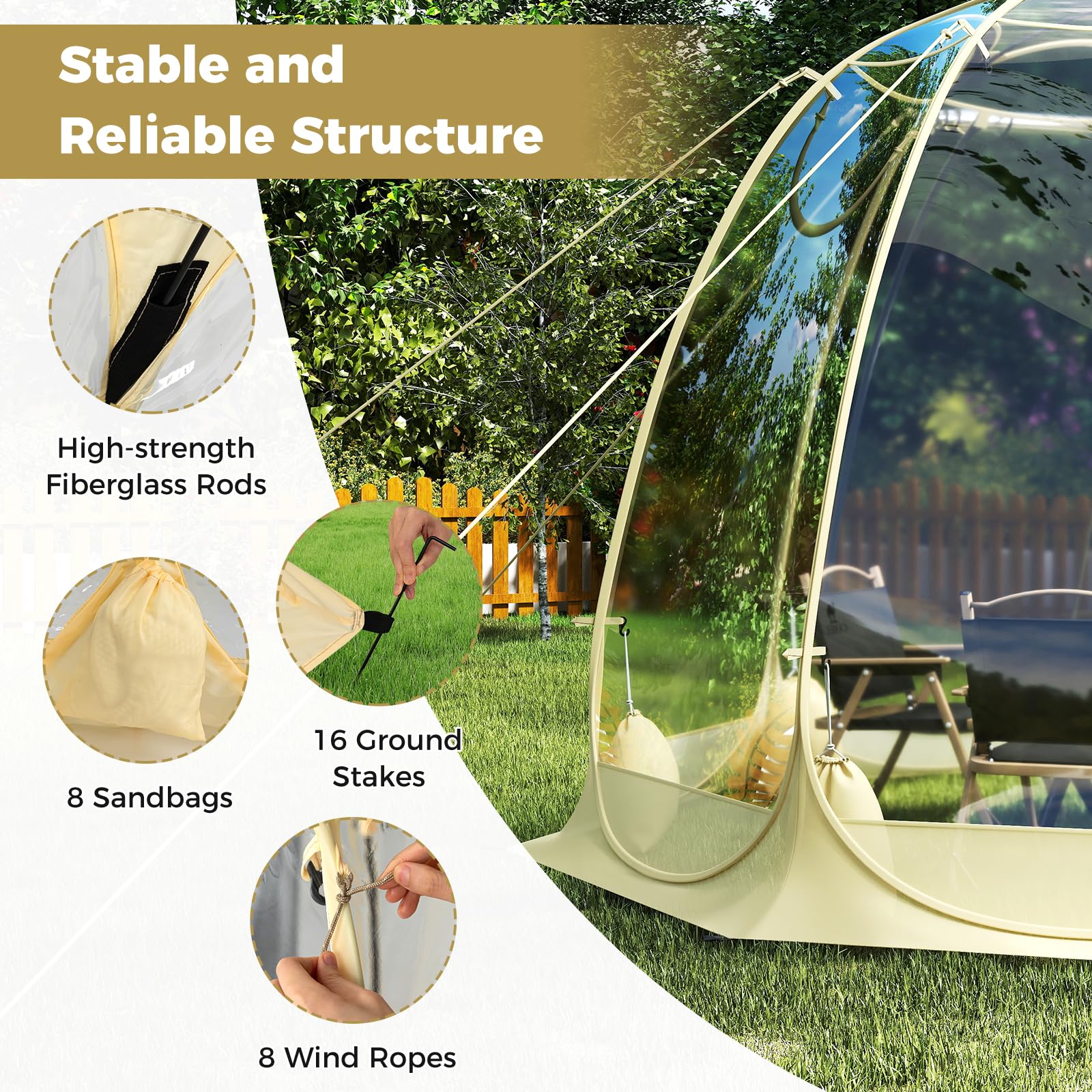 Tangkula bubble tent sunset backdrop creates cozy outdoor ambiance.