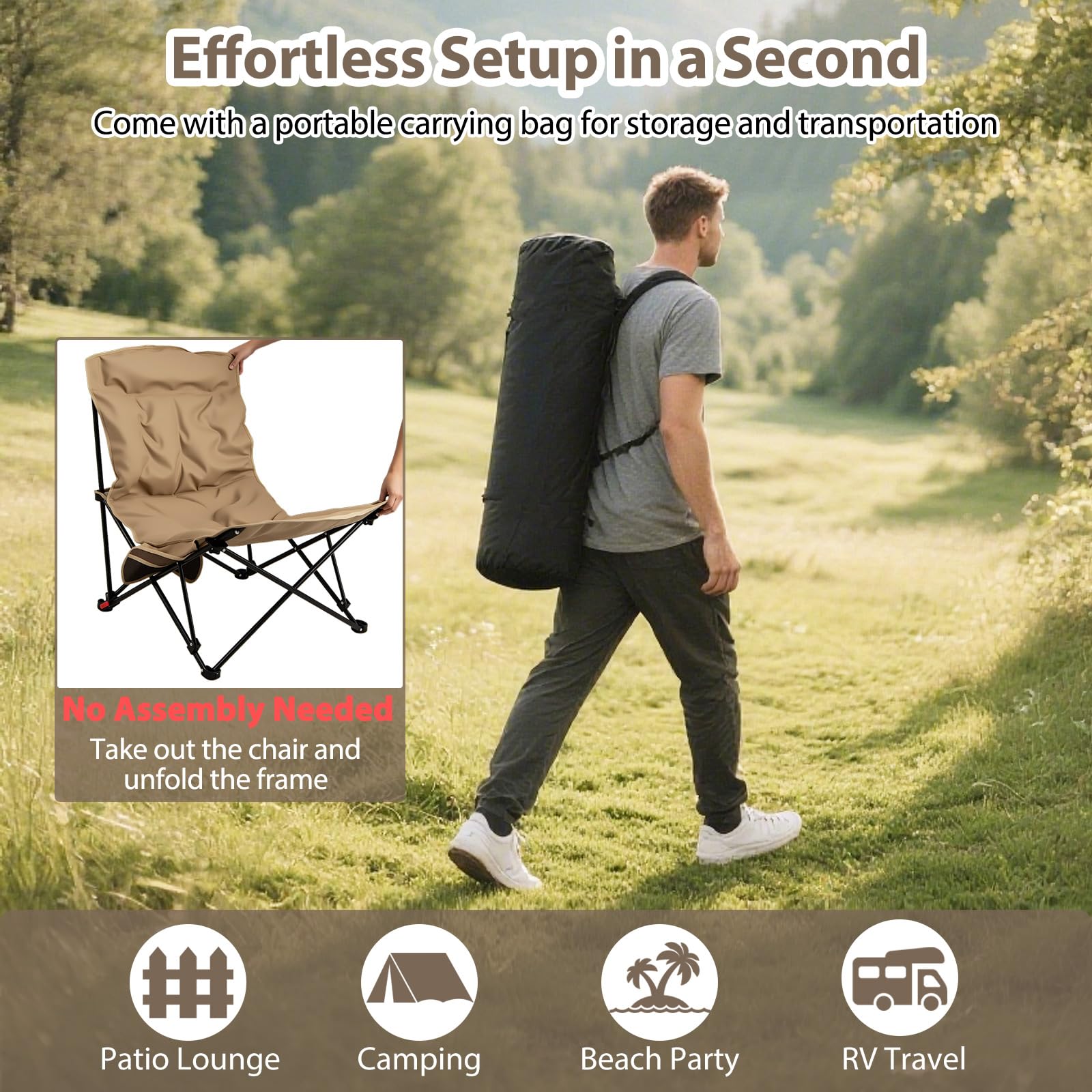 Tangkula camping chair on a sunny beach setup ready for sun.