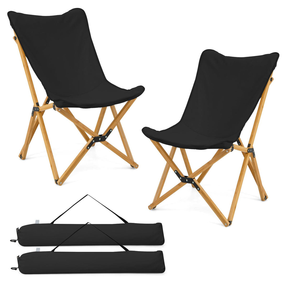 Tangkula camping chairs 2-pack folded in beige with carrying bag for easy transport.