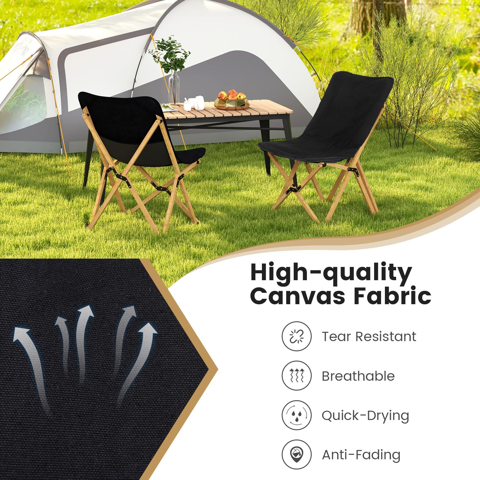 Tangkula camping chairs feature stable X-structure for reliable seating on varied surfaces.