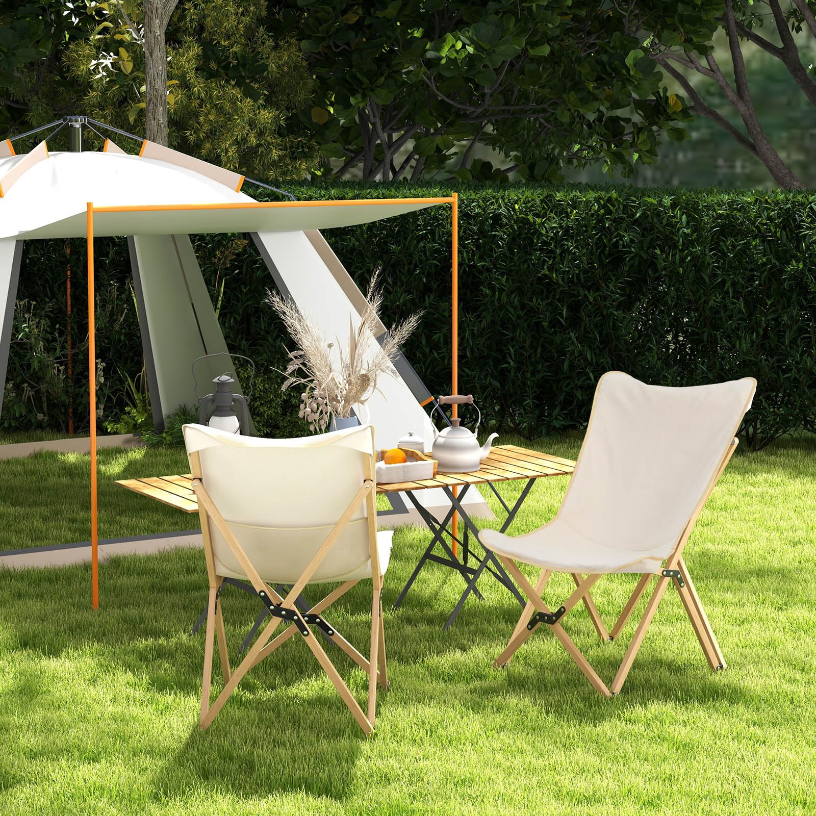 Tangkula bamboo-frame camping chair showcases durable, elegant outdoor construction.