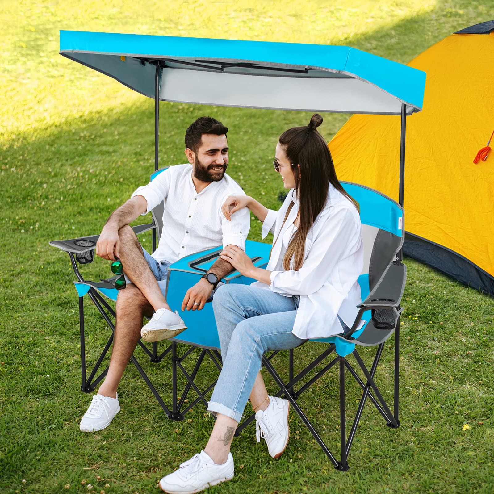 Tangkula double chair with cooler bag center keeps drinks cold during picnics.