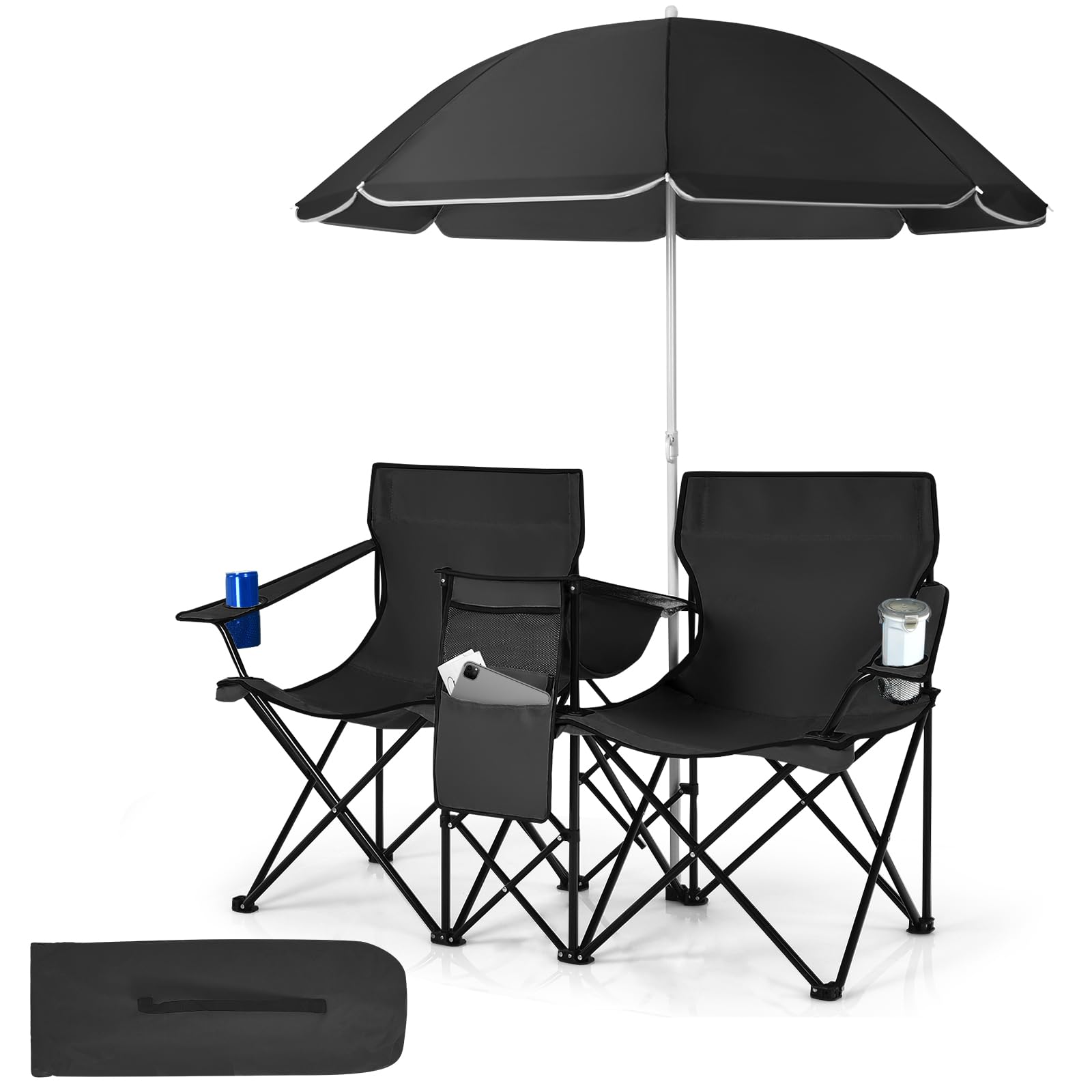 Tangkula double camping chair with umbrella provides adjustable shade for outdoor seating.