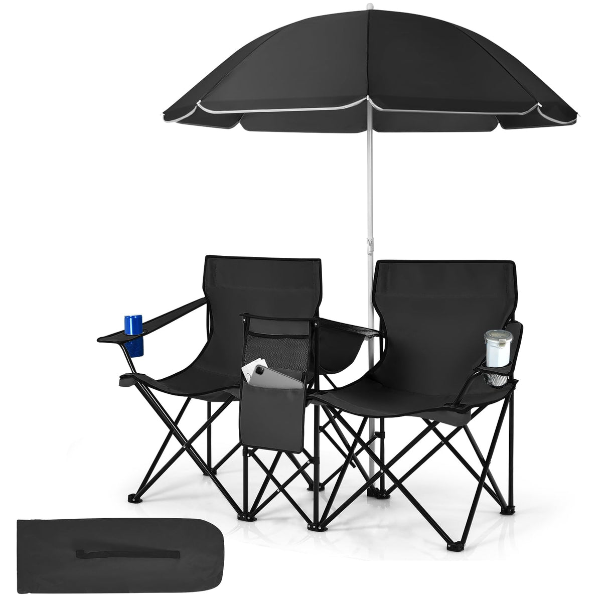 Tangkula double camping chair with umbrella provides adjustable shade for outdoor seating.