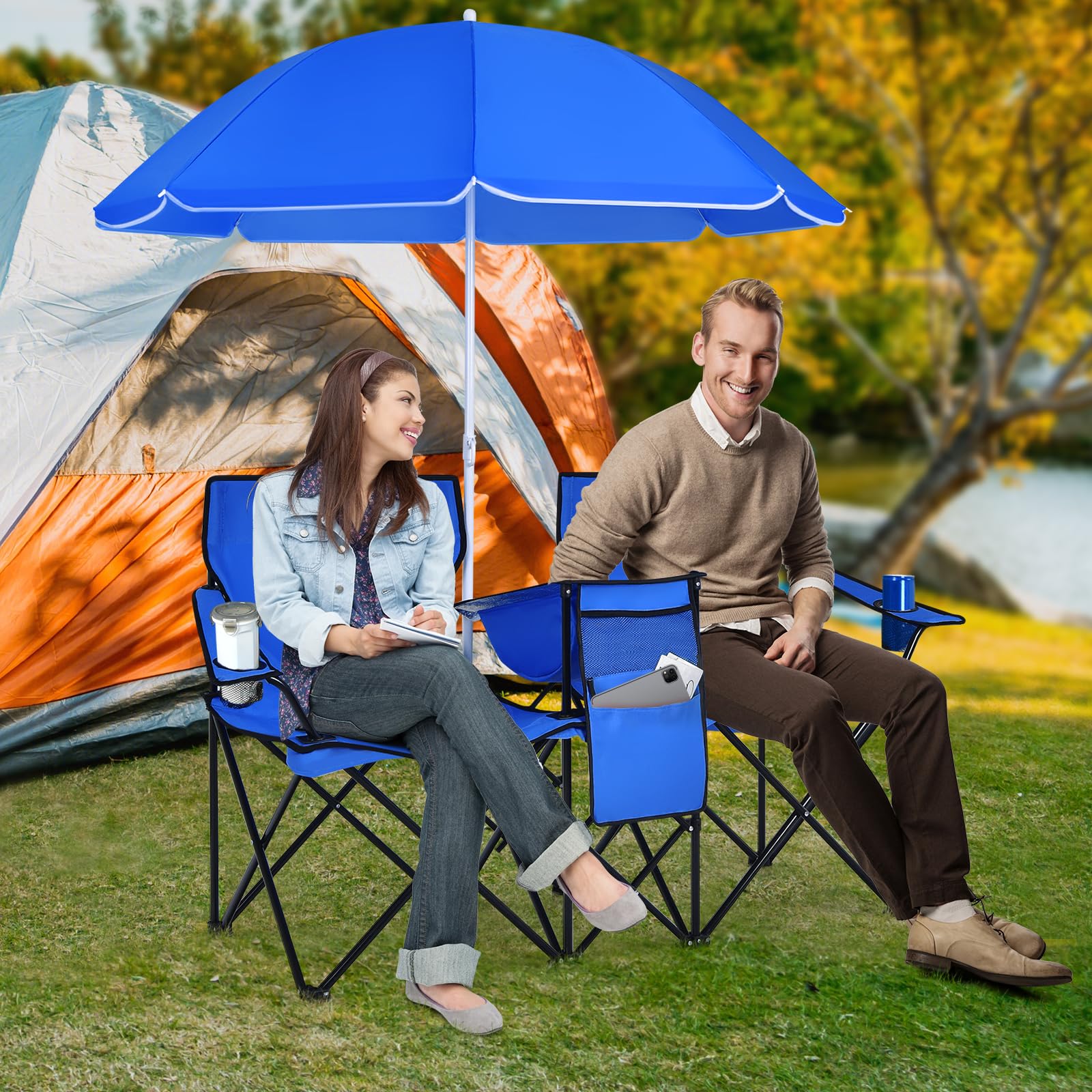 Two-seat chairs with cooler bag for cold drinks outdoors