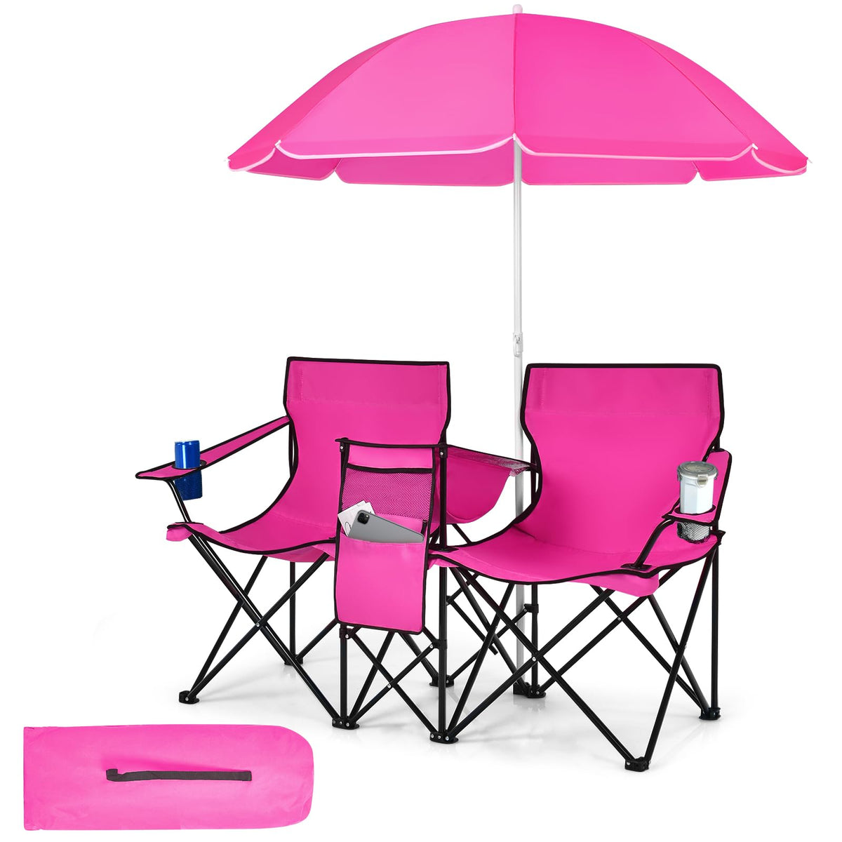 Tangkula double camping chairs with umbrella providing shade for outdoor relaxation