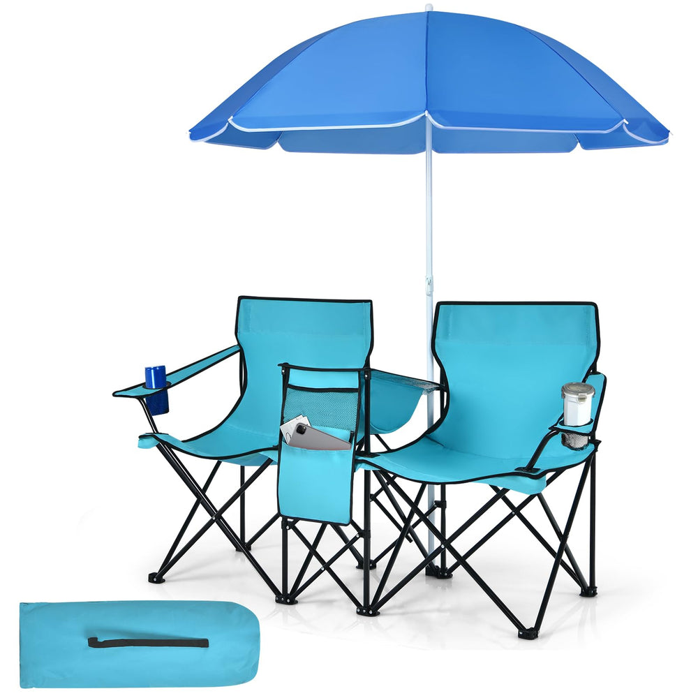 Tangkula double camping chairs with umbrella for shaded outdoor seating.