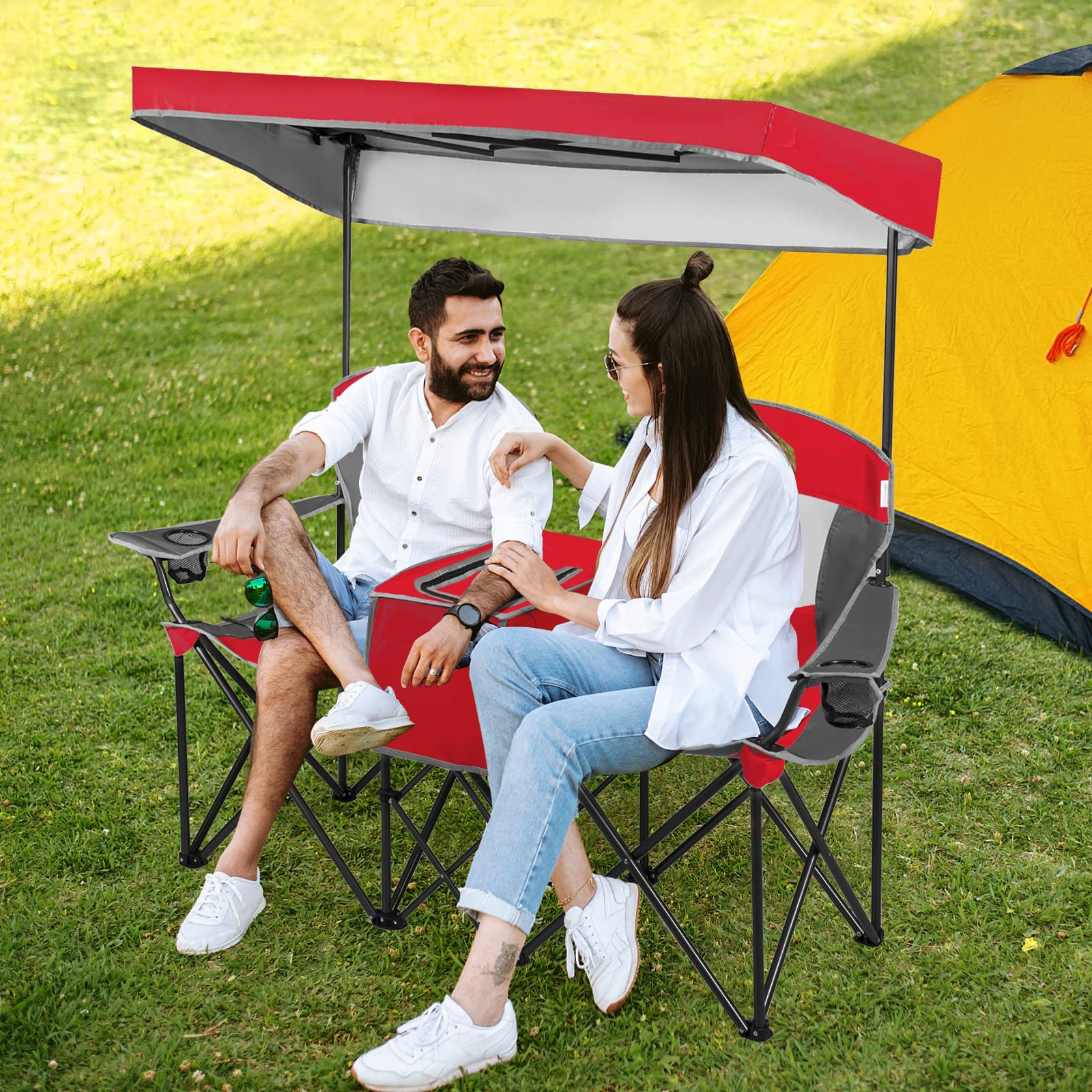 Tangkula double seat lawn chair red provides portable comfort for family picnics