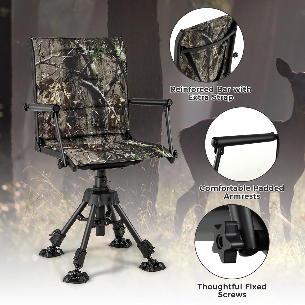 Tangkula Hunting Chair provides ergonomic backrest, wide seat, and armrests.