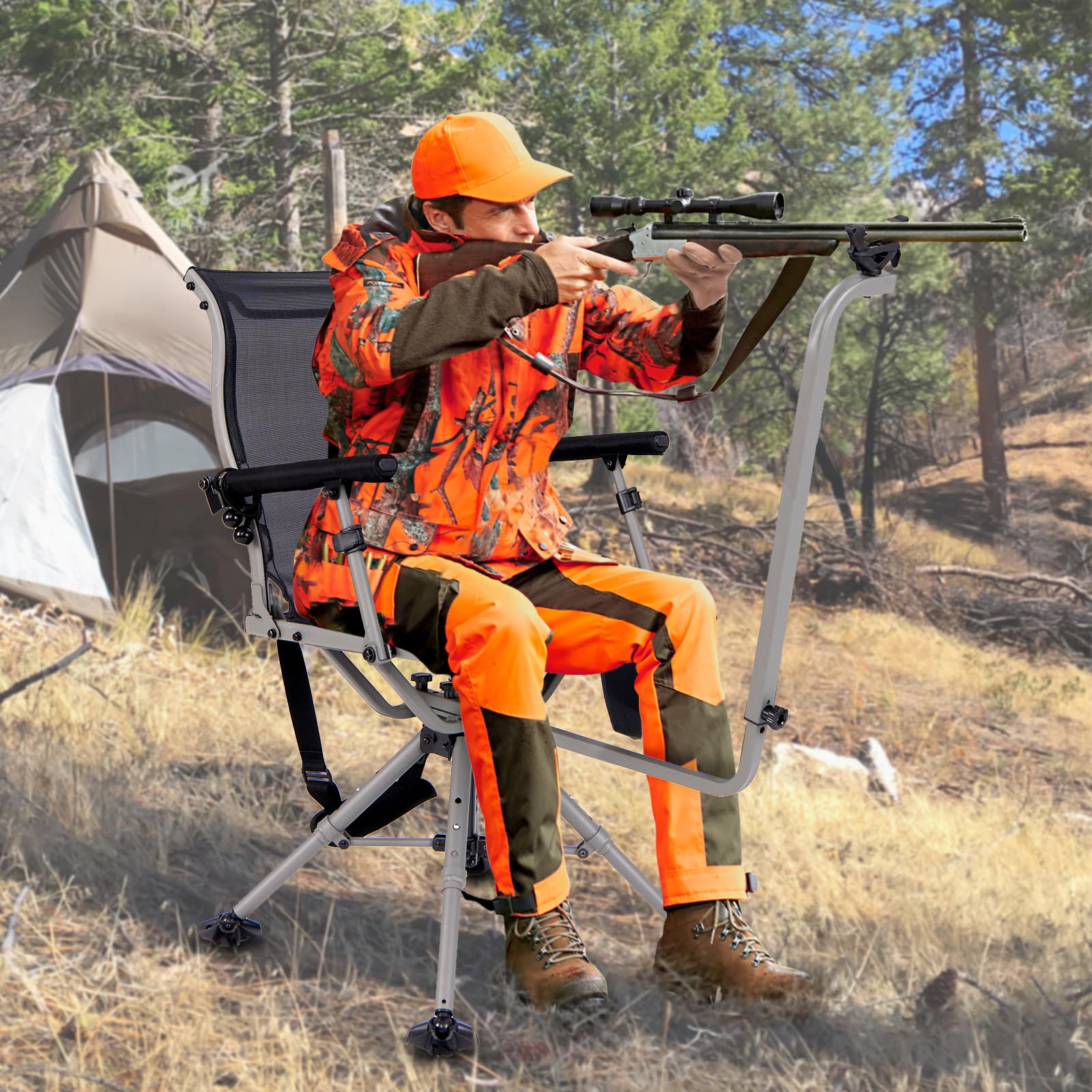 Tangkula hunting chair showing extendable legs for customizable seat height.