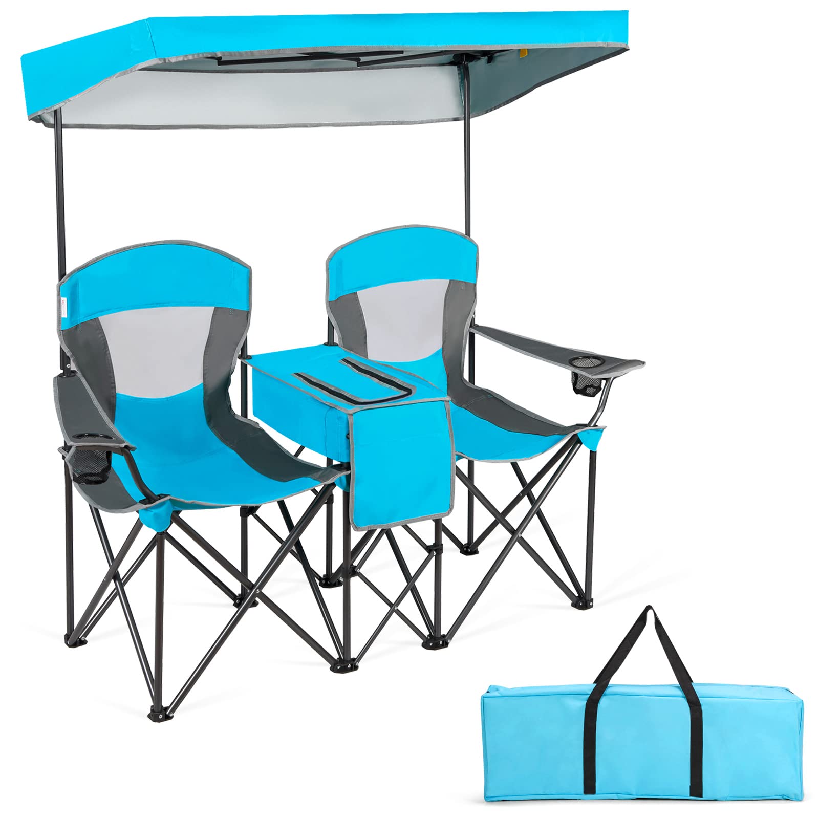 Tangkula loveseat camping chair with detachable canopy providing shade at outdoor gatherings.
