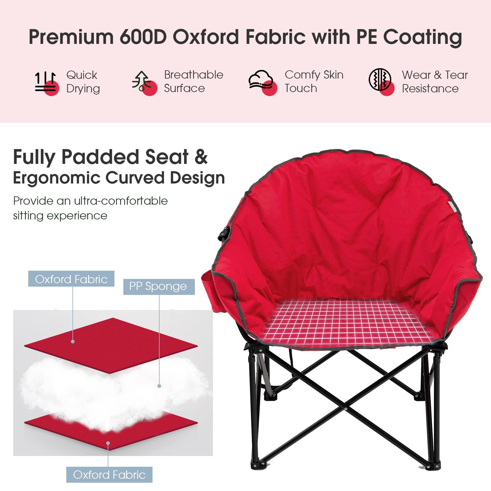 Tangkula oversized camping chair cup holder keeps drinks and essentials within reach.