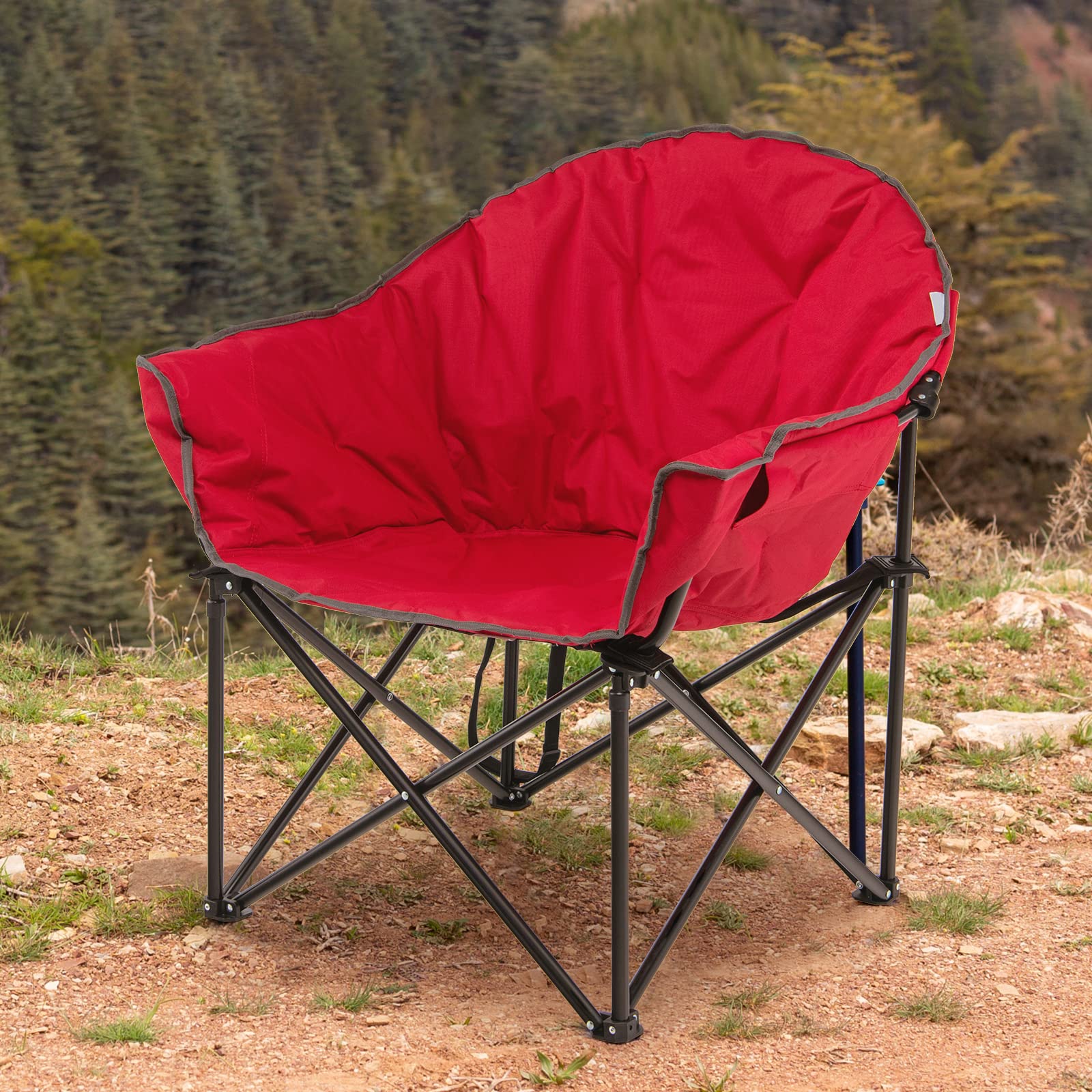 Tangkula padded-seat camping chair offers comfortable seating on outdoor surfaces.