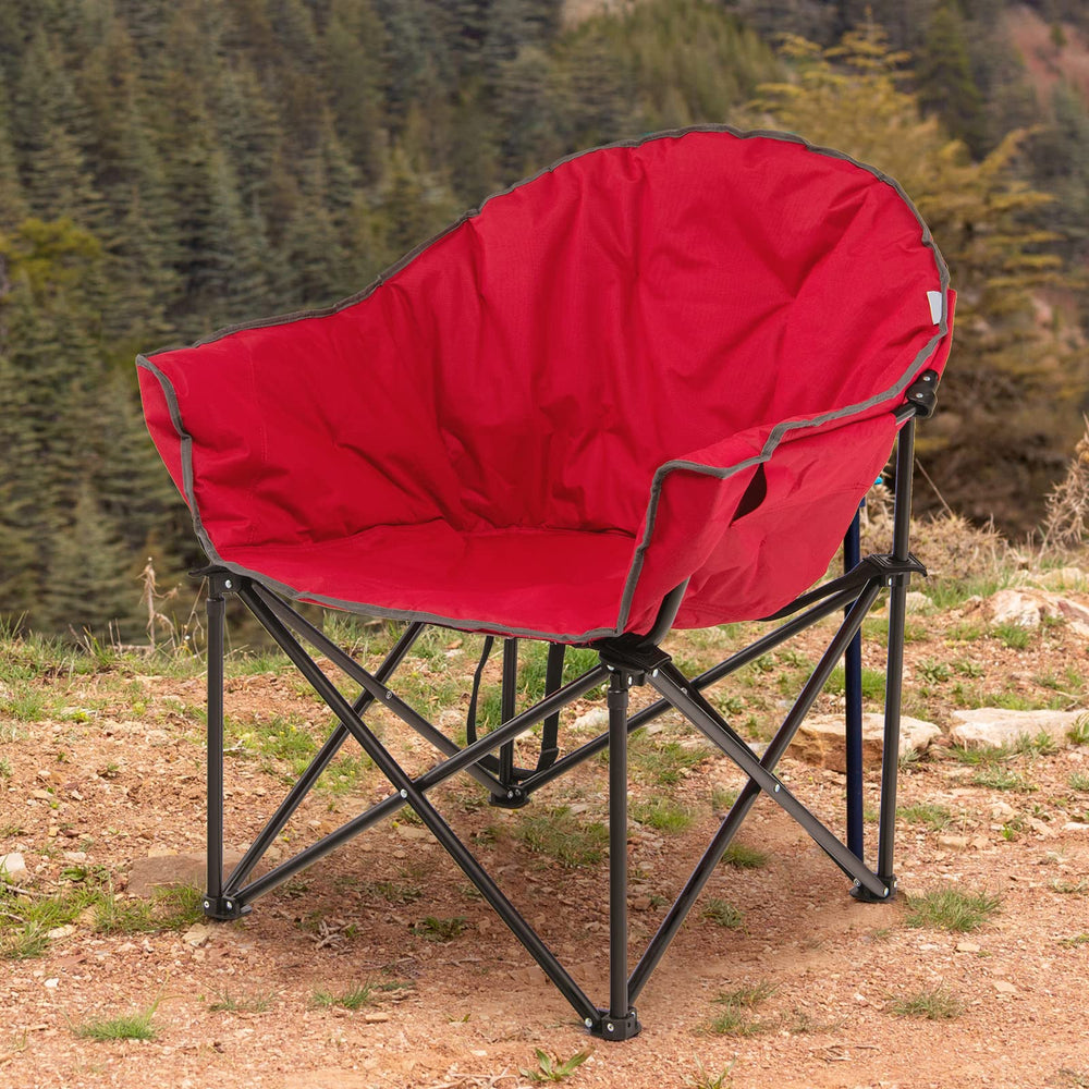Tangkula padded-seat camping chair offers comfortable seating on outdoor surfaces.