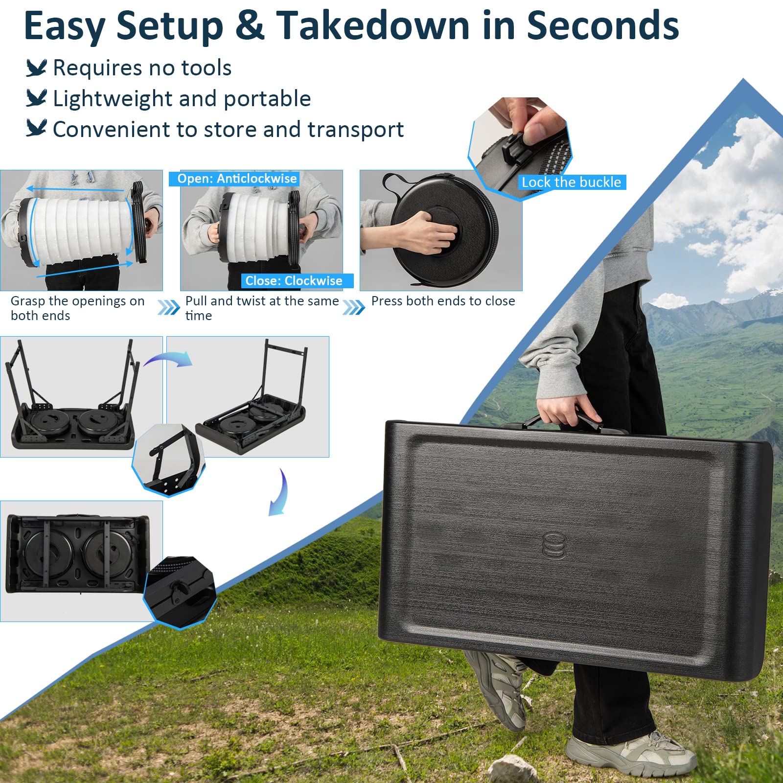 Tangkula carrying handle on the table enables simple one handed transport.