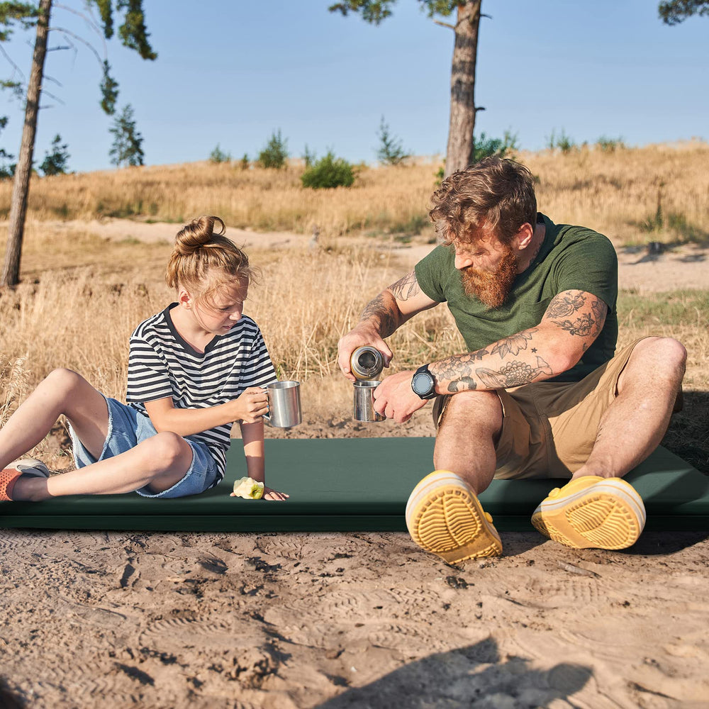 Tangkula self-inflating sleeping pad with 3-inch thickness for cushioned ground rest.