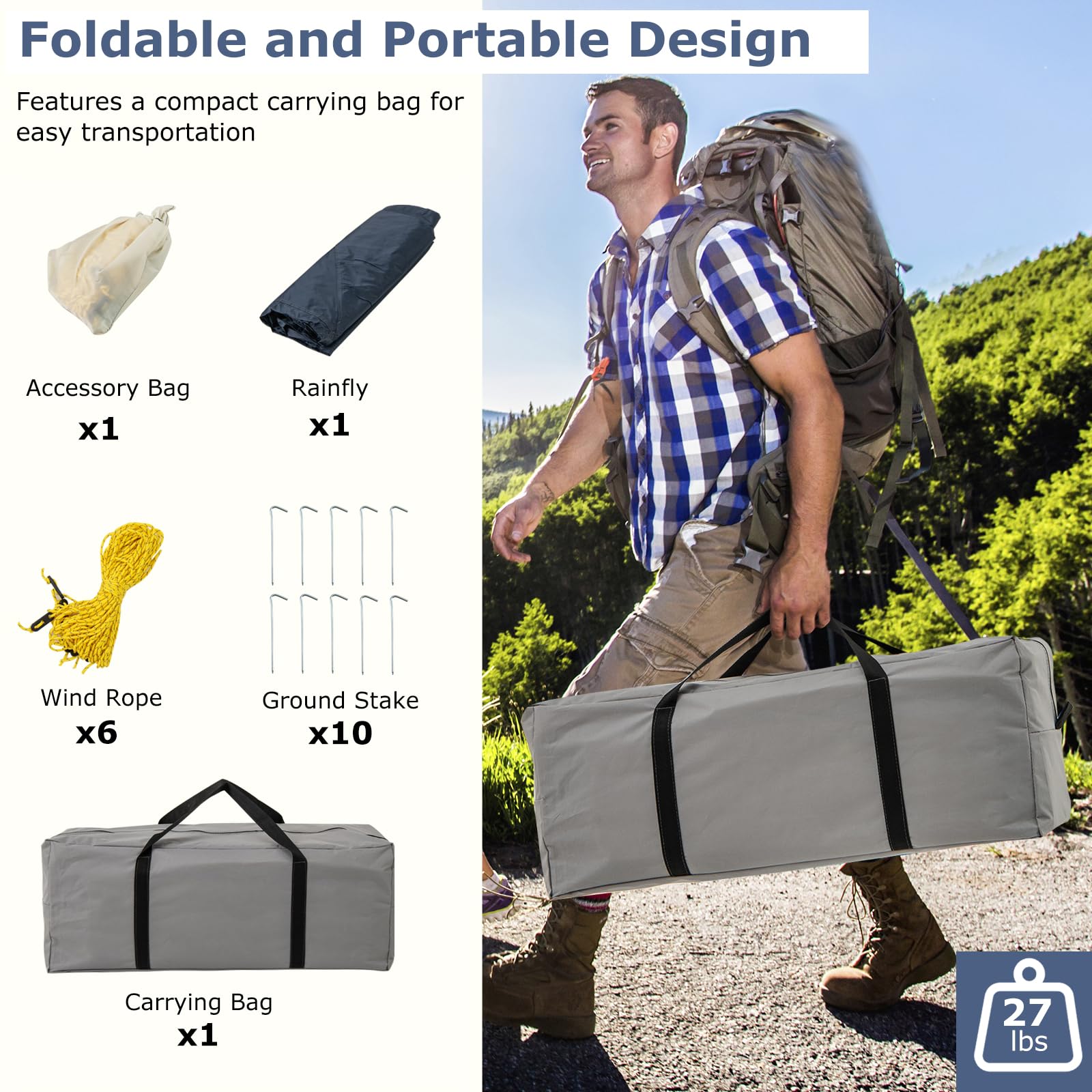 Tangkula tent folds compactly into a carrying bag for easy travel.