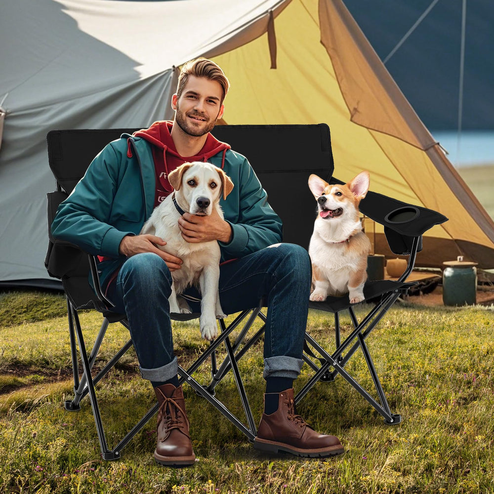 Tangkula two-person camping chair in black provides sturdy outdoor support.