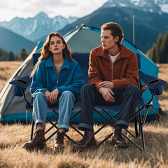 Tangkula two-person camping chair blue side view showing roomy seating for two.