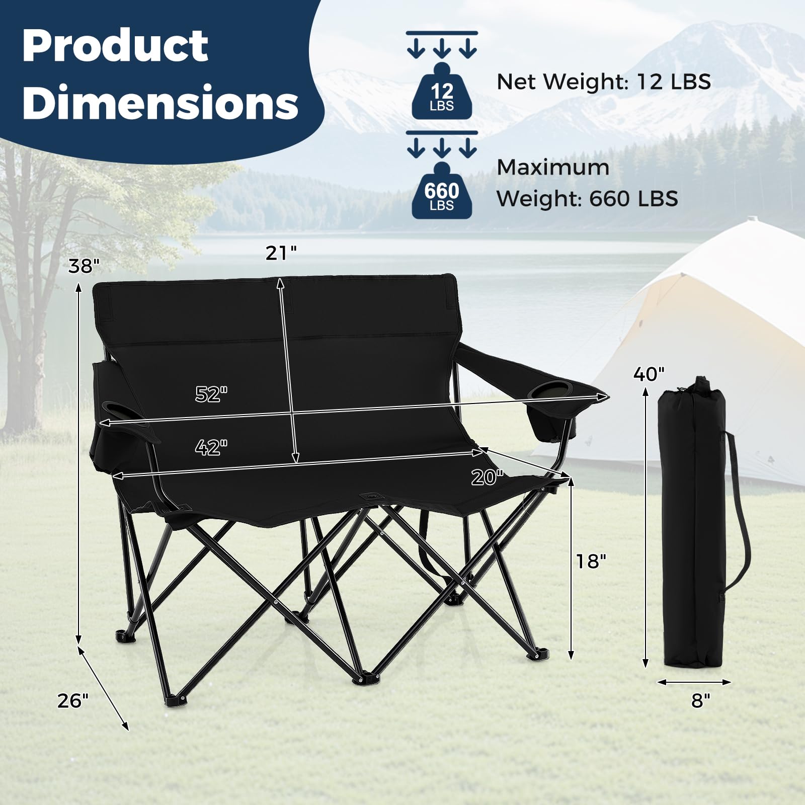 Tangkula two-person camping chair in grey features a high back and wide armrests.