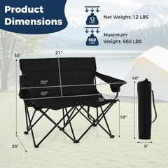 Tangkula two-person camping chair in grey features a high back and wide armrests.