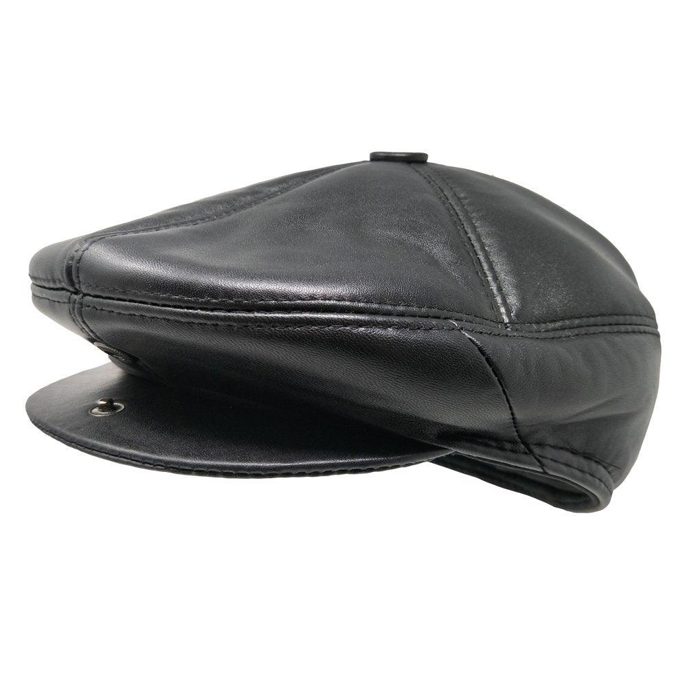 TangTown Lambskin Newsboy Cap in black, back view, classic silhouette with durable leather