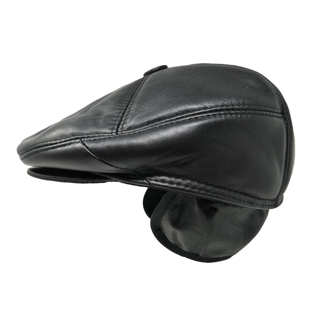 TangTown Lambskin Newsboy Cap in black, side view, versatile style for driving and outdoors