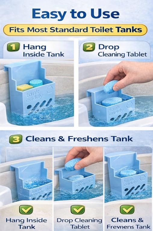 The Tank Caddy reservoir traps sludge as blue and bleach tablets dissolve in the tank.